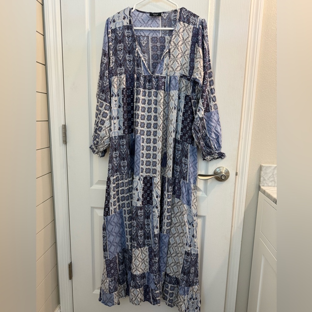 Vici Patchwork Maxi Dress in Navy and White